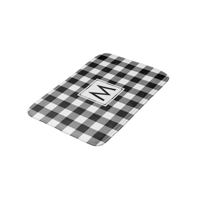 Black and White Gingham Pattern with Monogram Bath Mat (Angled)