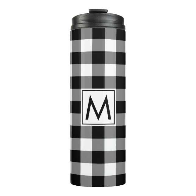 Black and White Gingham Pattern with Monogram Thermal Tumbler (Front)