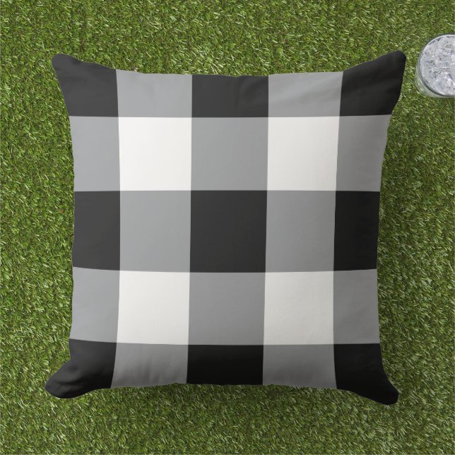 Black and White Gingham Plaid Pattern Cushion (Grass)