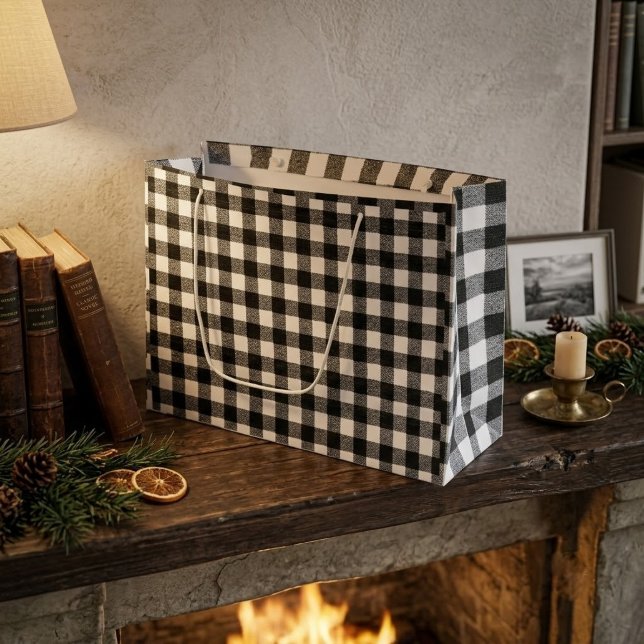 Black and White Gingham Plaid Rustic Farmhouse  Large Gift Bag (black Plaid Rustic Farm house Large GiftBags)