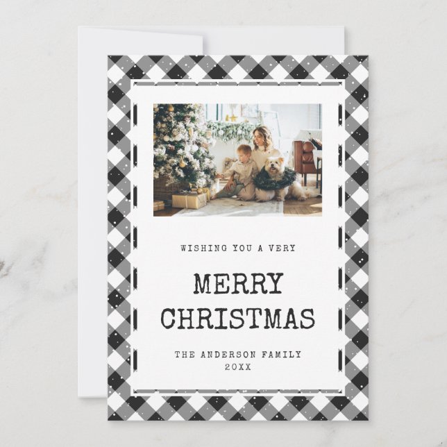 Black and White Gingham Snow Photo Merry Christmas Holiday Card (Front)