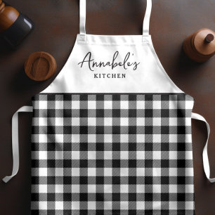 Black and White Gingham Stylish Script  Apron