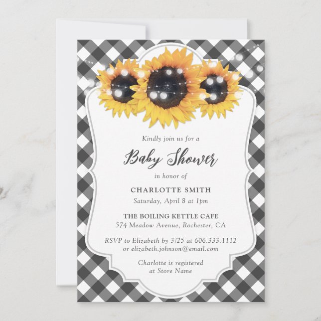 Black and White Gingham Sunflower Bridal Shower Invitation (Front)