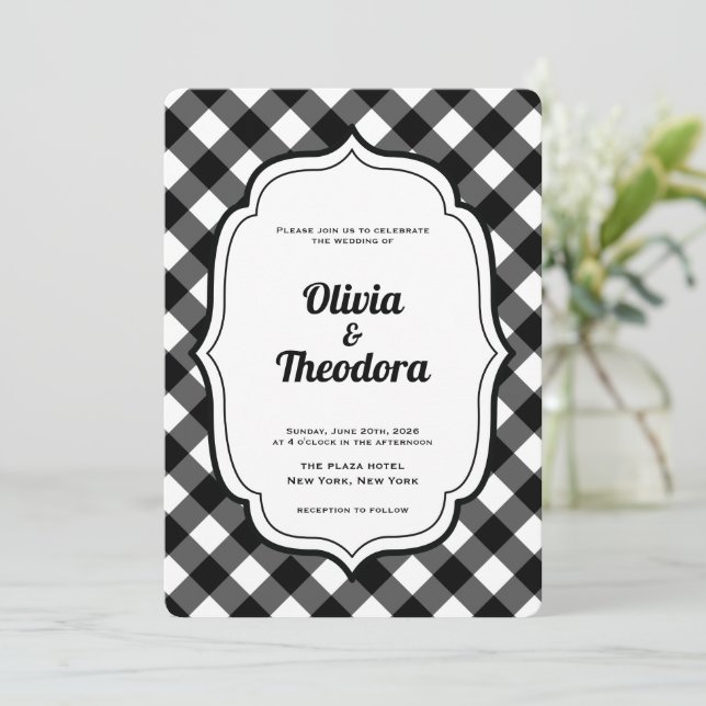 Black and White Gingham wedding invitation (Standing Front)