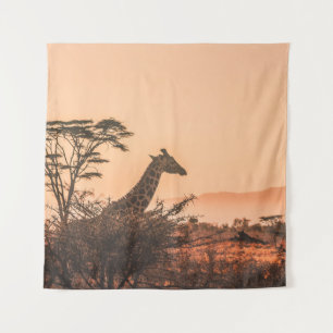 BLACK AND WHITE GIRAFFE ON BROWN GRASS FIELD TAPESTRY