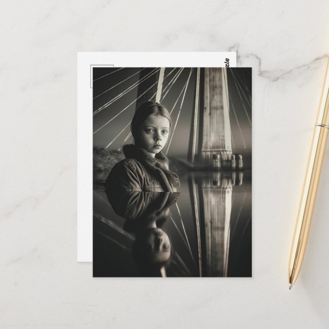 Black and White Girl at the Bridge Double Exposure Postcard (Front/Back In Situ)