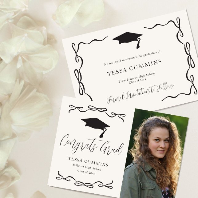 Black and White Girl Bow Photo Graduation Party Invitation (Creator Uploaded)