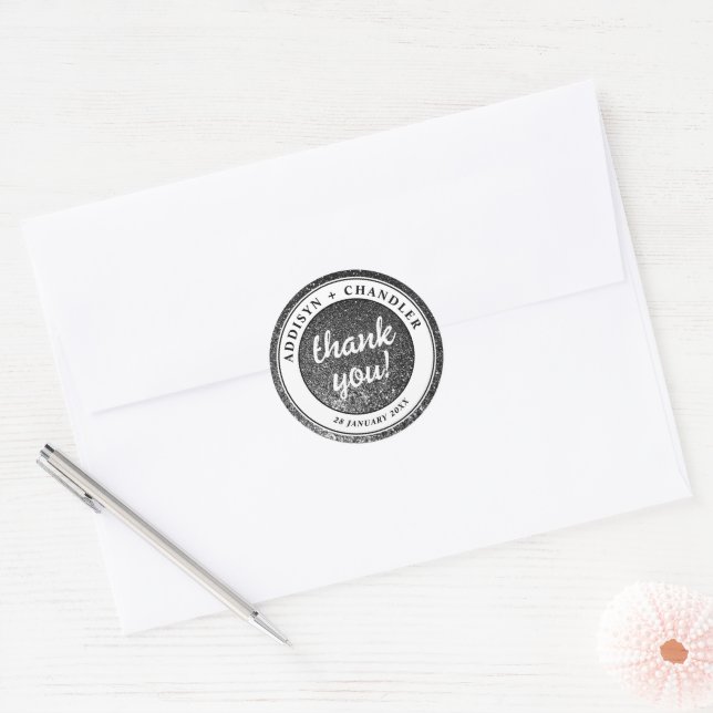 Black and White Glam Chic Modern Wedding Glitter   Classic Round Sticker (Envelope)