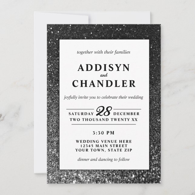 Black and White Glam Chic Modern Wedding Glitter   Invitation (Front)
