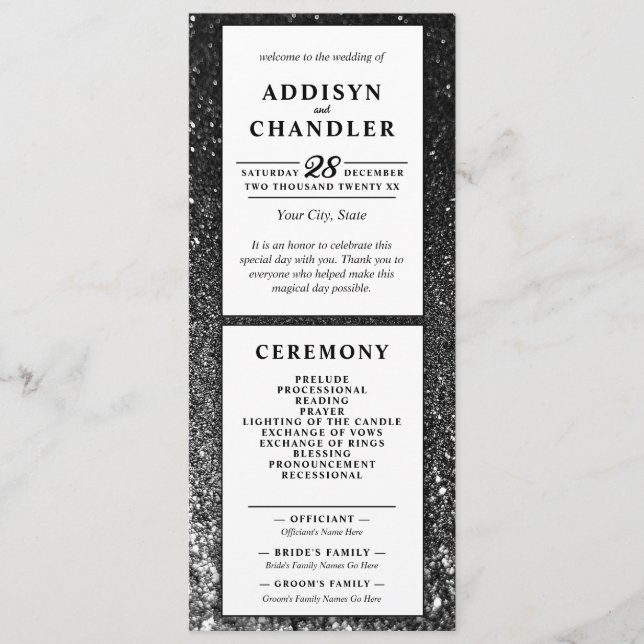 Black and White Glam Chic Modern Wedding Glitter   Programme (Front)