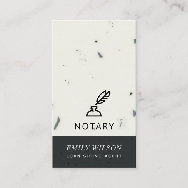 BLACK AND WHITE GLAZED SPECKLED FEATHER NIB NOTARY BUSINESS CARD (Front)