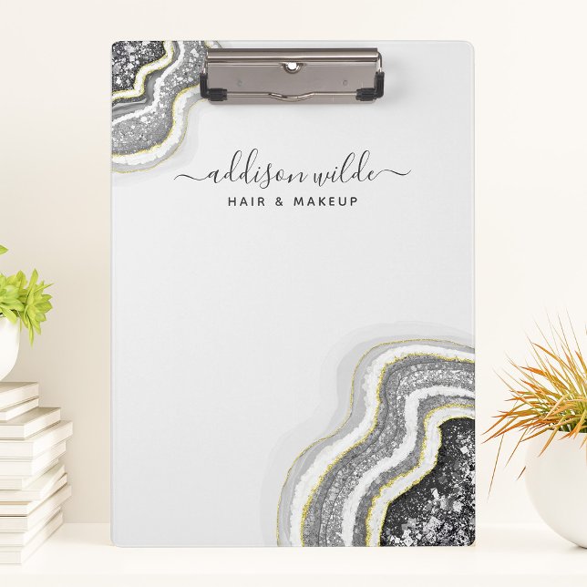 Black And White Glitter Agate Geode Luxe Chic Clipboard (Creator Uploaded)
