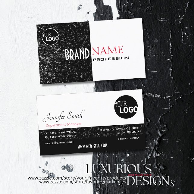 Black and White Glitter Stars with Logo Modern Business Card (Creator Uploaded)