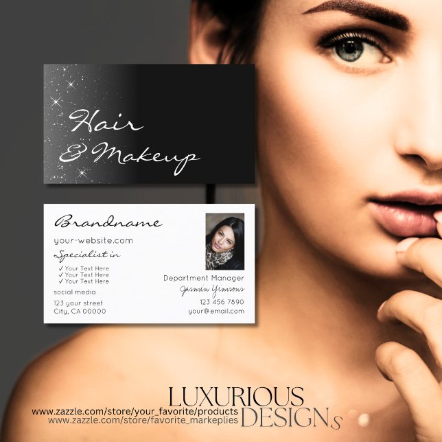 Black and White Glitter Stars with Photo Stylish Business Card (Creator Uploaded)