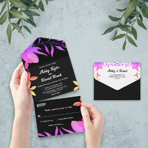 Black And White Glow Neon Colours Floral Wedding All In One Invitation