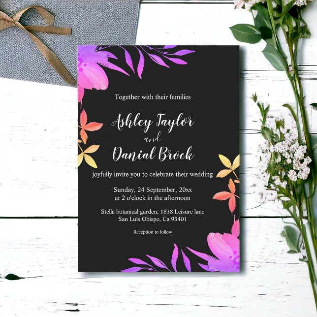 Black And White Glow Neon Colours Floral Wedding Invitation (Creator Uploaded)
