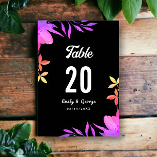 Black And White Glow Neon Colours Floral Wedding Table Number