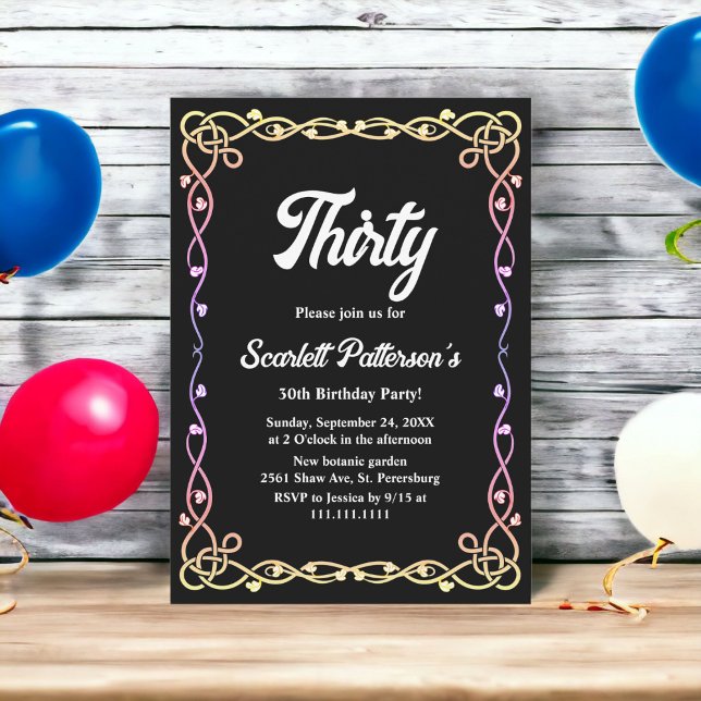 Black And White Glow Neon Floral 30th Birthday Invitation (Creator Uploaded)