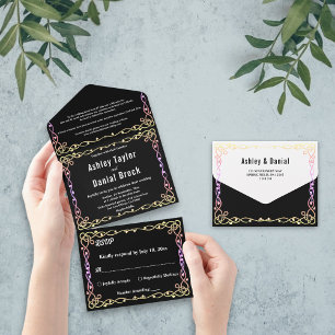 Black And White Glow Neon Frame Floral Wedding All In One Invitation