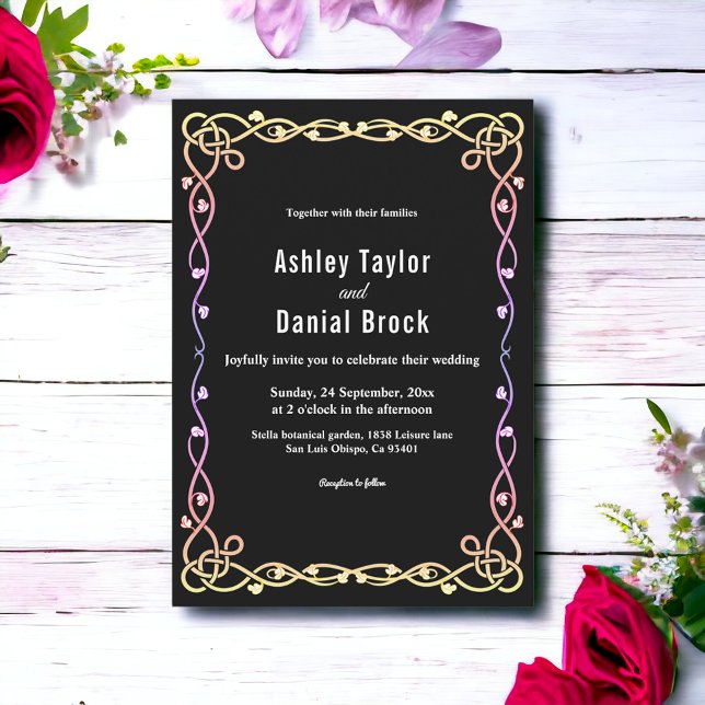 Black And White Glow Neon Frame Floral Wedding Invitation (Creator Uploaded)