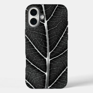 Black and white glowing leaf close-up iPhone 16 plus case
