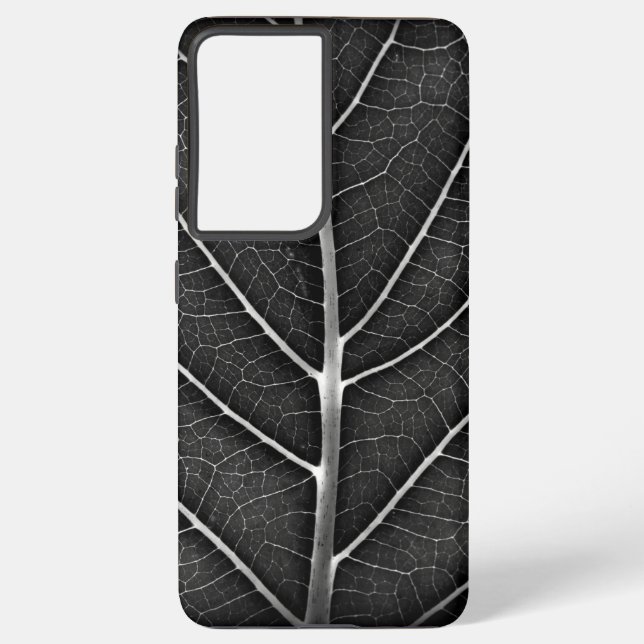Black and white glowing leaf close-up samsung galaxy s21+ case (Back)