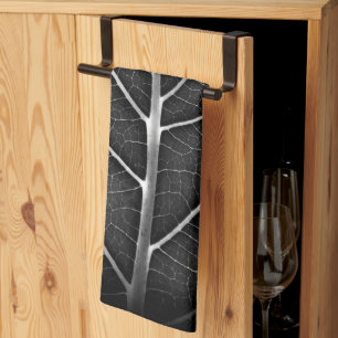 Black and White Glowing Leaf Close-Up Tea Towel