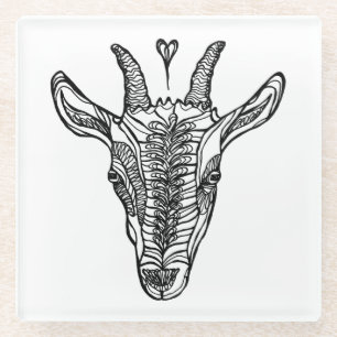 Black and White Goat Line Portrait with Heart Glass Coaster
