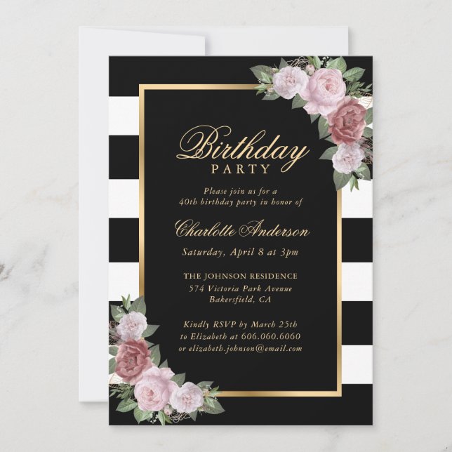Black and White Gold Blush Floral 40th Birthday Invitation (Front)