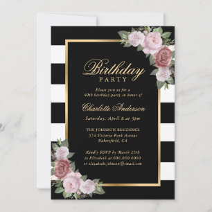 Black and White Gold Blush Floral 40th Birthday Invitation