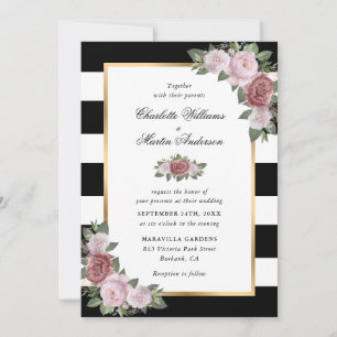 Black and White Gold Blush Pink Floral Wedding Invitation