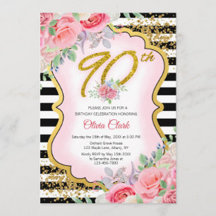 Black and White Gold Confetti Floral 90th Birthday Invitation