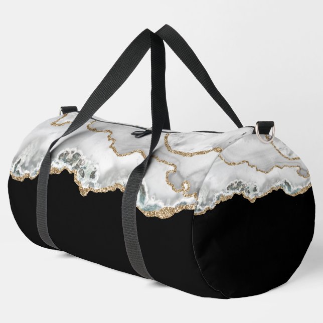 Black and White Gold Faux Glitter Agate Large  Duffle Bag (Left Corner)