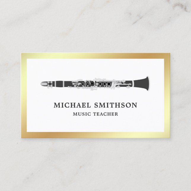 Black and White Gold Foil Clarinet Music Teacher Business Card (Front)