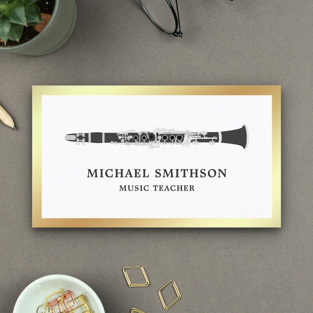 Black and White Gold Foil Clarinet Music Teacher Business Card (Creator Uploaded)