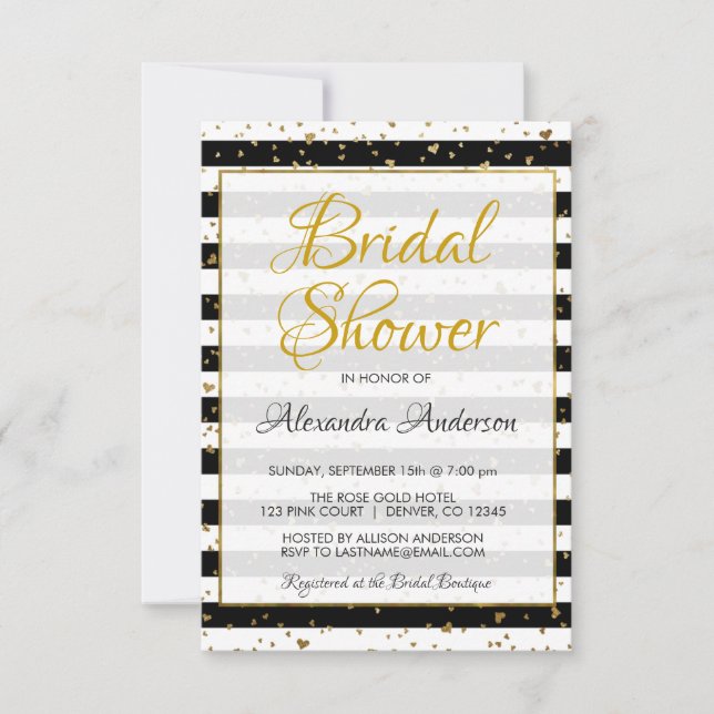 Black and White Gold Foil Hearts Bridal Shower Invitation (Front)
