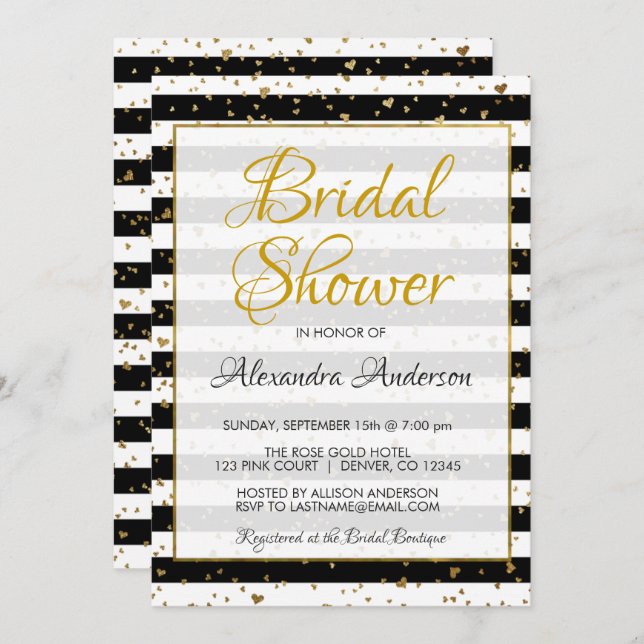 Black and White Gold Foil Hearts Bridal Shower Invitation (Front/Back)
