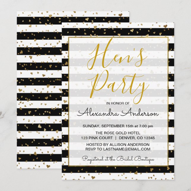 Black and White Gold Foil Hearts Hen's Party Invitation (Front/Back)