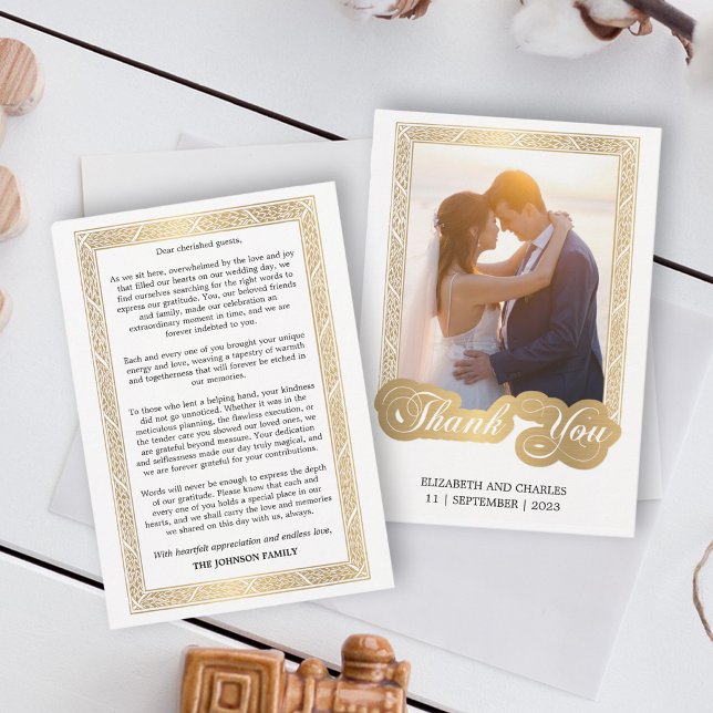 Black and White Gold frame Wedding Photo  Thank You Card (Creator Uploaded)