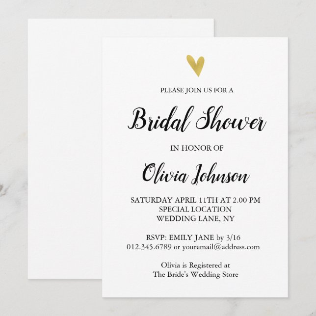 Black and White | Gold Heart Bridal Shower Invitation (Front/Back)