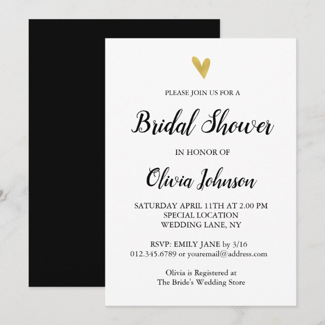 Black and White | Gold Heart Bridal Shower Invitation (Front/Back)