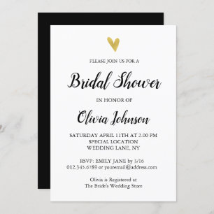 Black and White Gold Heart Bridal Shower Invitation