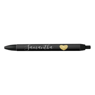 Black and White Gold Heart Personalised Name Black Ink Pen