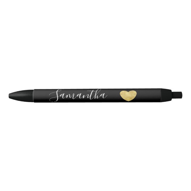 Black and White Gold Heart Personalised Name Black Ink Pen (Front)
