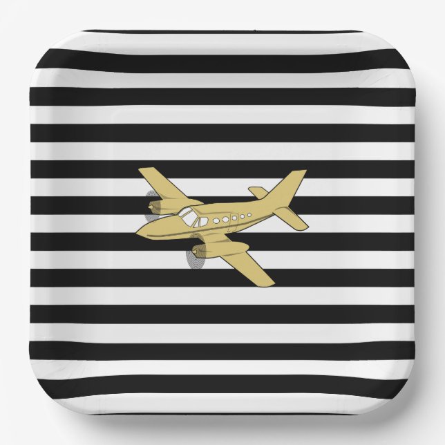 Black and white gold stripes & aeroplane paper plate (Front)