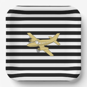 Black and white gold stripes & airplane paper plate