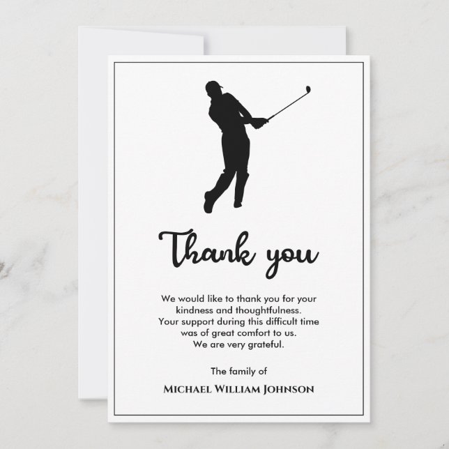 Black And White Golf Player Funeral Memorial Thank You Card (Front)