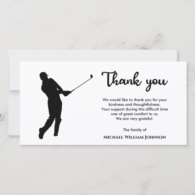 Black And White Golf Player Memorial Funeral Thank You Card (Front)