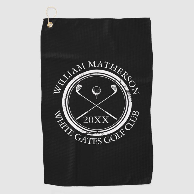 Black and White Golfer's And Club Name Date Golf Towel (Front)
