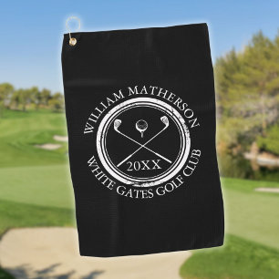Black and White Golfer's And Club Name Date Golf Towel